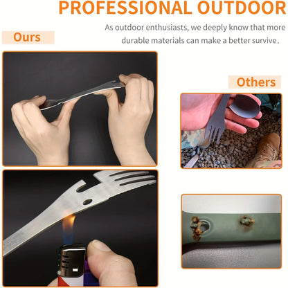 PSKOOK 5-in-1 Outdoor Survival Tools - Multi-Functional Camping EDC Kit with Fork, Knife, Spoon, and Bottle/Can Opener