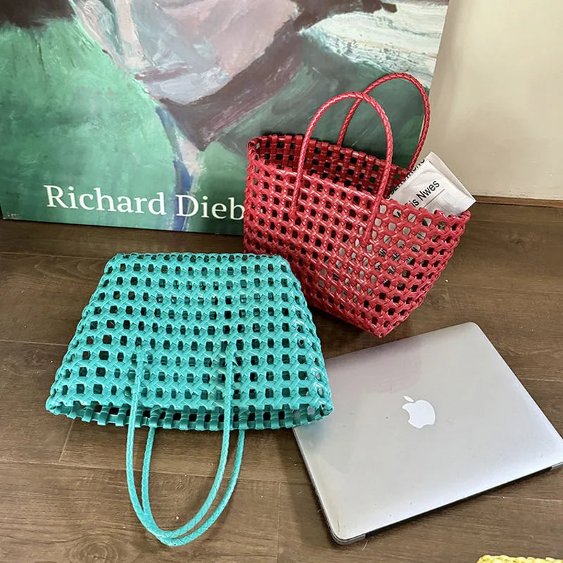 Hylhexyr Handheld Woven Shoulder Bag – PVC Tote for Vegetables, Beach, Picnic & Vacation, Women’s Handbag
