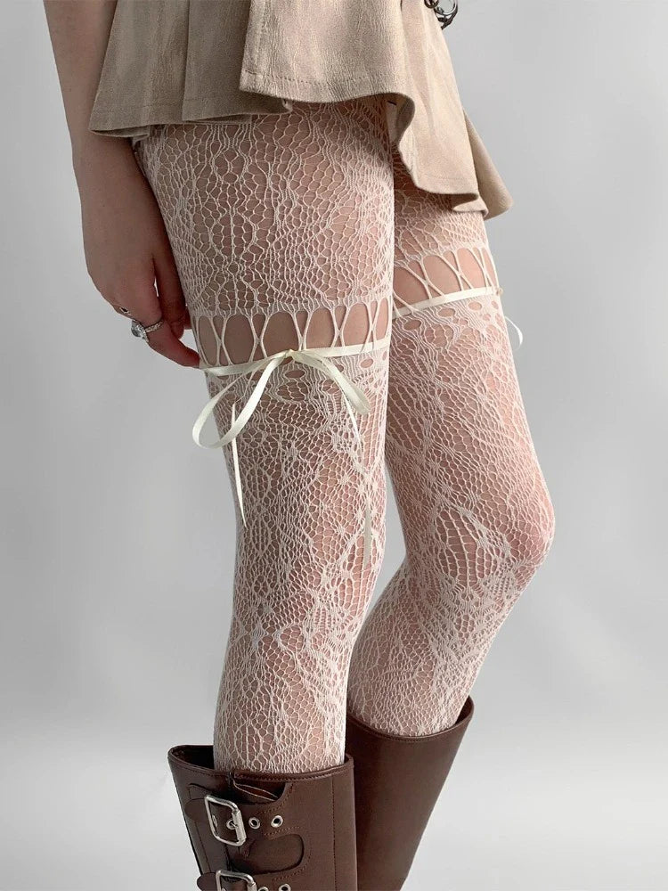 New Beige Mesh Tights for Women – Sexy See-Through Fishnet Stockings with Bow Tie Strap & Lace Pantyhose