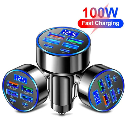66-250W PD Car Charger – QC3.0 Fast Charge, 1-to-6 Cigarette Lighter Plug with Digital Display