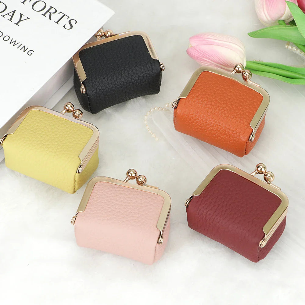URBAN MASTER Genuine Leather Mini Coin Purse – Solid Color Kiss Lock Change Pouch, Casual Small Wallet for Women