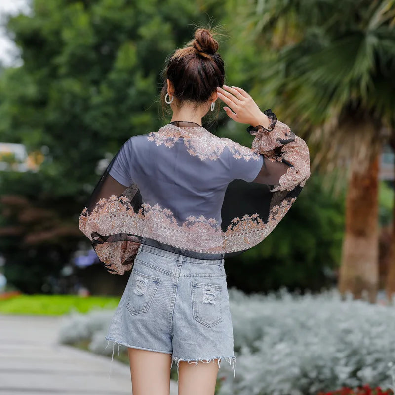 Print Flower Chiffon Sun Protection Beach Shawl for Women - Stylish Sunscreen Riding Arm Shade Scarf - Perfect for Outdoor Cycling and Driving Sleeve