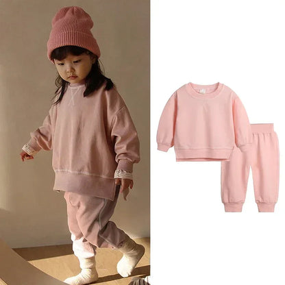 2PCS Kids Clothes Set for 1-7Y - Solid Cotton Pullover Sweatshirt & Pants, Long Sleeve Autumn Outfits for Boys & Girls