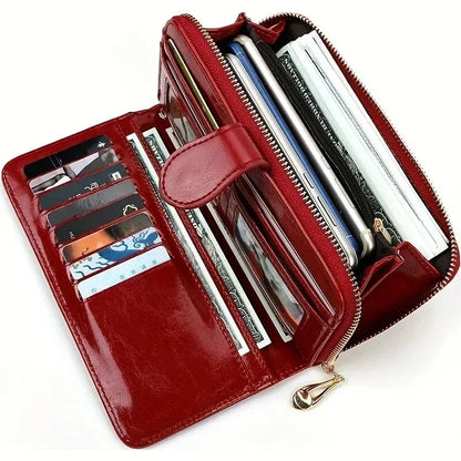 Women’s Vintage PU Leather Clutch Wallet — Large Capacity Phone Purse with Wristband, Simple Card Holder Pouch Bag