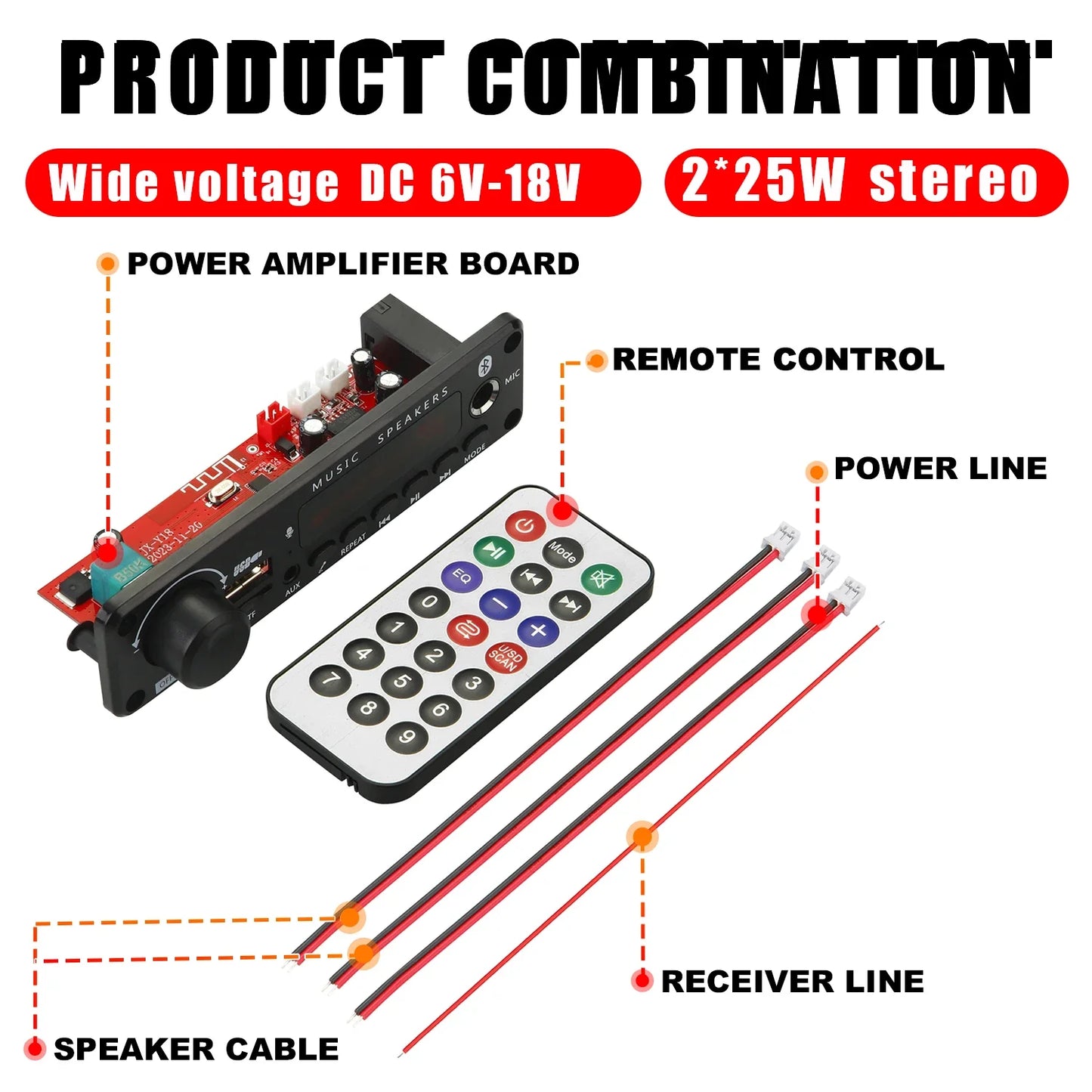 200W Bluetooth Amplifier Board - DIY MP3 WAV Decoder with USB, TF Card, FM Radio & Microphone, DC 12V