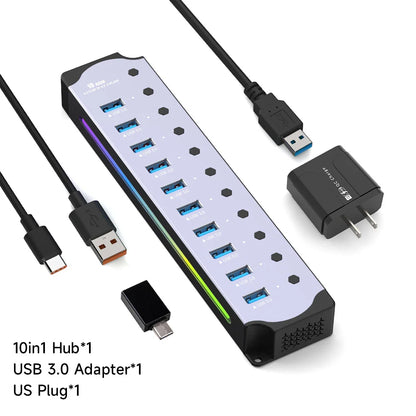 10-in-1 USB 3.0 Powered Hub — RGB E-Marker with Individual Switches & Heat Dissipation, DC 5V Adapter