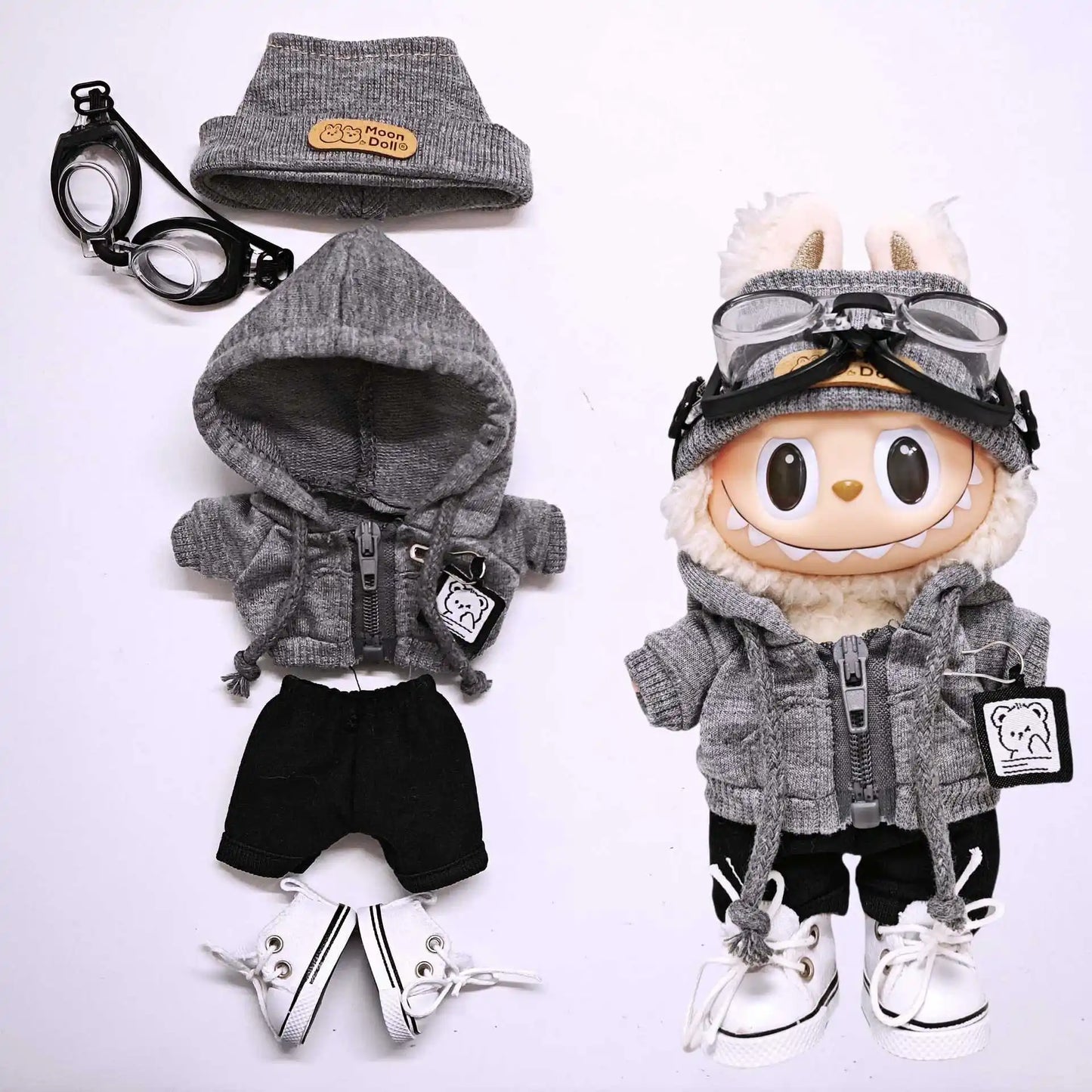 Labubu 15cm/17cm Universal Hoodie Set – Gray Trendy Outfit with Camera, Glasses, Headphones & Canvas Shoes (Series 1-3 Compatible)