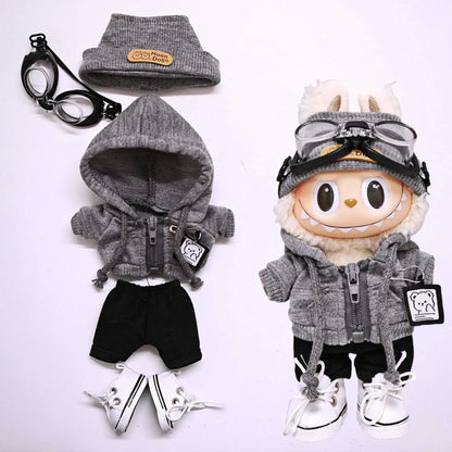 Labubu 15cm/17cm Universal Hoodie Set – Gray Trendy Outfit with Camera, Glasses, Headphones & Canvas Shoes (Series 1-3 Compatible)