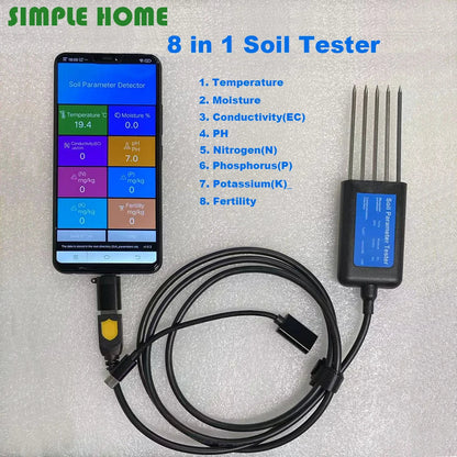 8-in-1 Premium Soil Tester PH EC Meter – 5-Pin Soil Sensor for Temperature, Moisture & NPK Fertility Detection for Farming