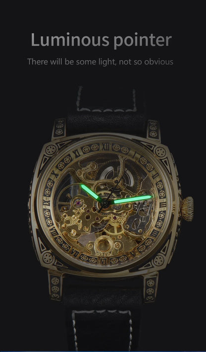 LONGLUX Automatic Mechanical Skeleton Watch – Retro Style Waterproof Leather Men’s Wristwatch, No Logo