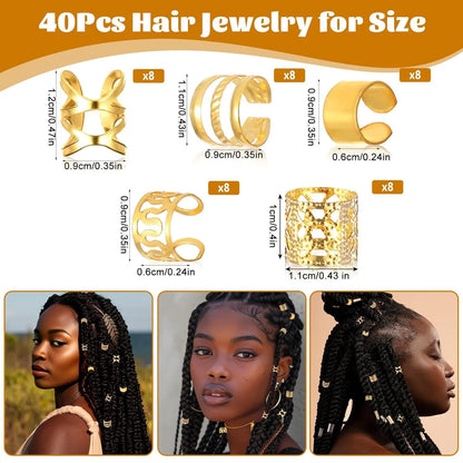 40PCS Gold Plated Hollow Hair Rings — Dreadlock & Braiding Hair Accessories, DIY Hair Jewelry Kit