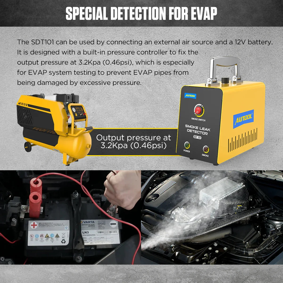 AUTOOl SDT101 12V Car Smoke Leak Detector - EVAP & Gas Leakage Locator, Automotive Oil Pipe Diagnostic Tool