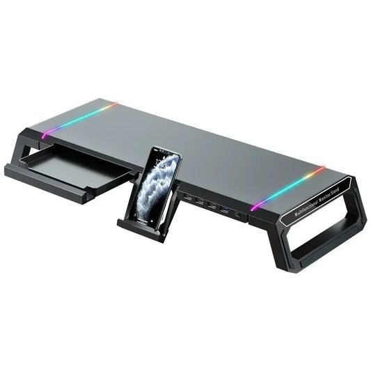 Hot Sell Aluminum PC Monitor Stand with 4 USB Ports & Keyboard Storage – Laptop Stand with USB 3.0 Fast Charging