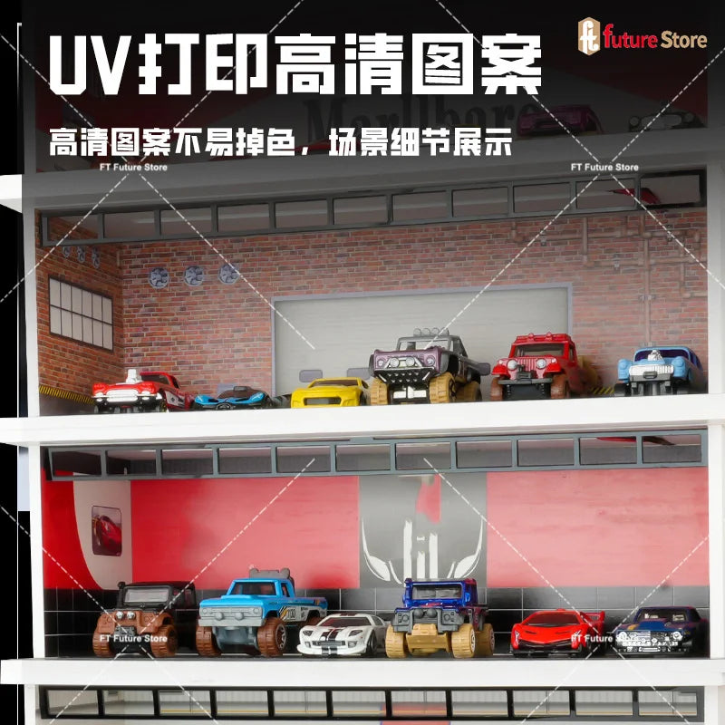 1:64 Scale Garage Scene Model with Lights – Assembled Parking Lot Diorama for Miniature Car Display