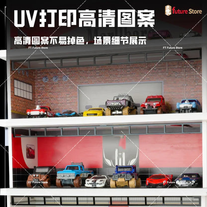 1:64 Scale Garage Scene Model with Lights – Assembled Parking Lot Diorama for Miniature Car Display