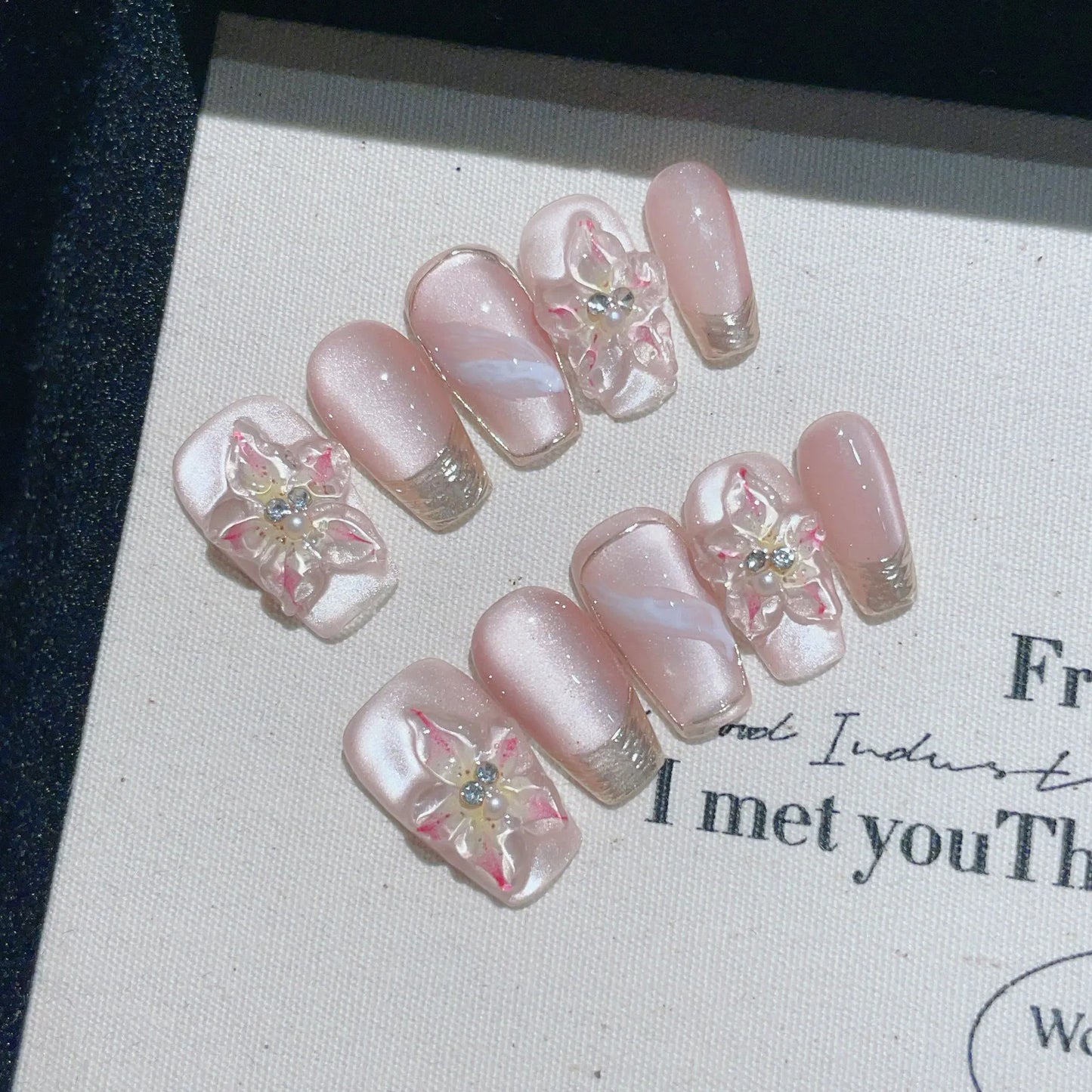 10Pcs Handmade Press-On Nails – Cute Flower & Butterfly Design with Glossy Diamond Full Cover Acrylic Tips