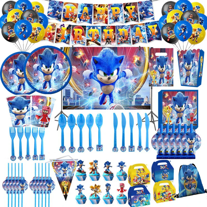 New Cartoon Sonic Party Supplies - Boys Birthday Disposable Tableware Set with Paper Plates, Cups, Napkins - Baby Shower Decorations