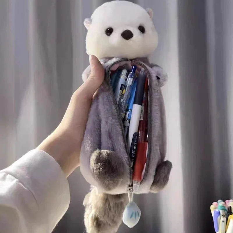 Cartoon Plush Sea Otter Pencil Case – Soft Pen Pouch & Makeup Bag, Portable School Supplies Holder