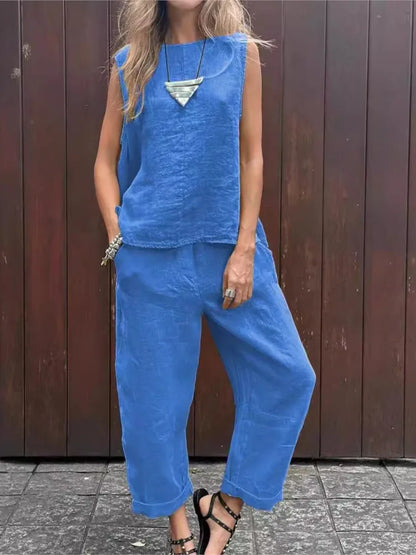 Women Summer Cotton Linen 2-Piece Set – Sleeveless Solid Color Top & Trousers Casual Fashion Outfit Suit