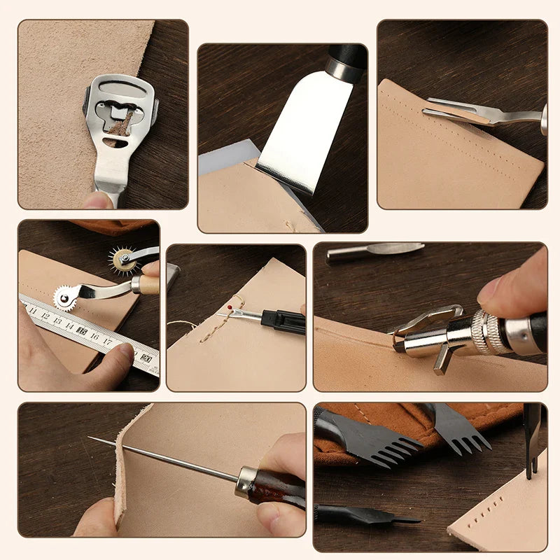 KRABALL Professional Leather Craft Tool Kit: Hand Sewing Repair Set - Wax Thread Stitching Punch Carving Work Groover DIY Tools