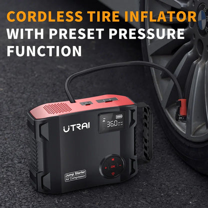 UTRAI 4-in-1 Car Jump Starter Power Bank - 2000A Battery Booster with 16000mAh Capacity, 150PSI Air Compressor Tire Inflator & Portable Charger