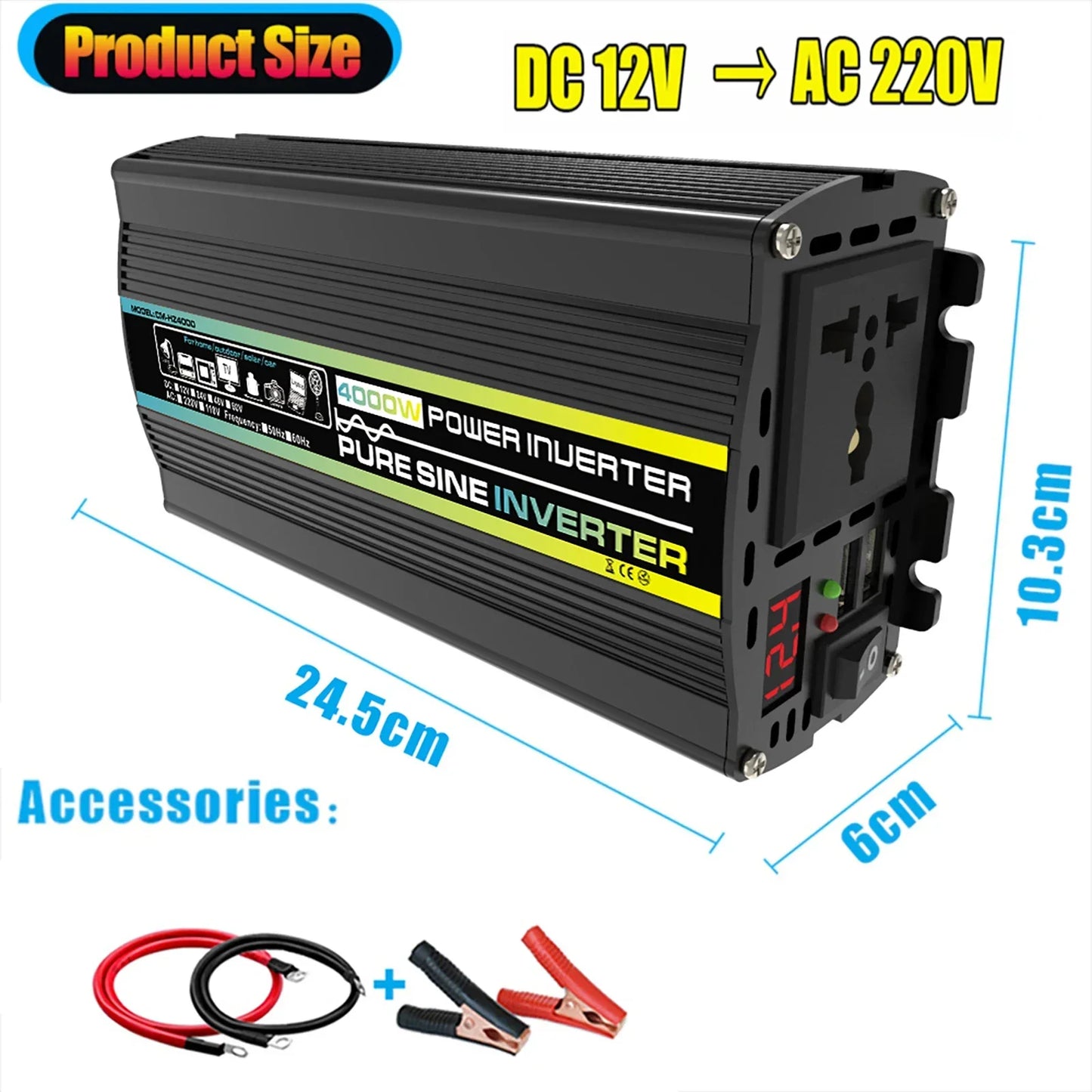 3000W-8000W Pure Sine Wave Power Inverter — DC 12V to AC 220V with Digital Display