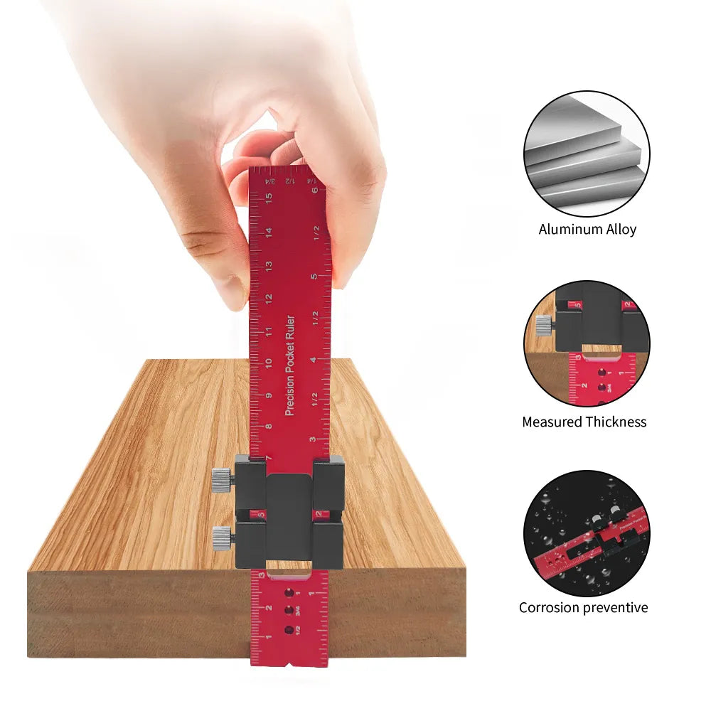 Pocket Woodworking Tools Ruler: Aluminum Precision Ruler with T-Track Metal Slide Stops, Inch and Metric Scale - Layout Tool