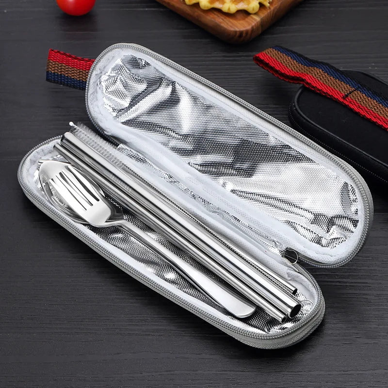 Portable Stainless Steel Travel Cutlery Set - 8Pcs Reusable Utensils with Spoon, Fork, Chopsticks, Straw & Case