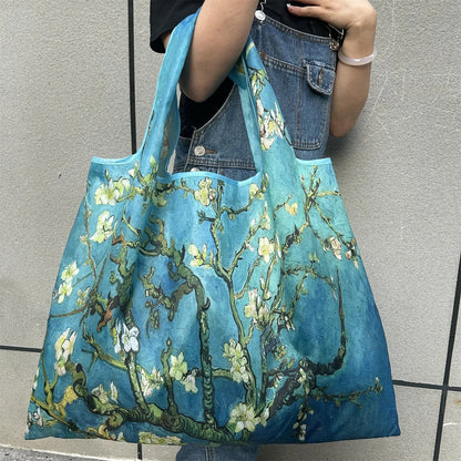 Flower Oil Painting Foldable Shopping Tote Bag – Large Capacity Reusable Portable Shoulder Handbag for Travel, Beach & Grocery Storage