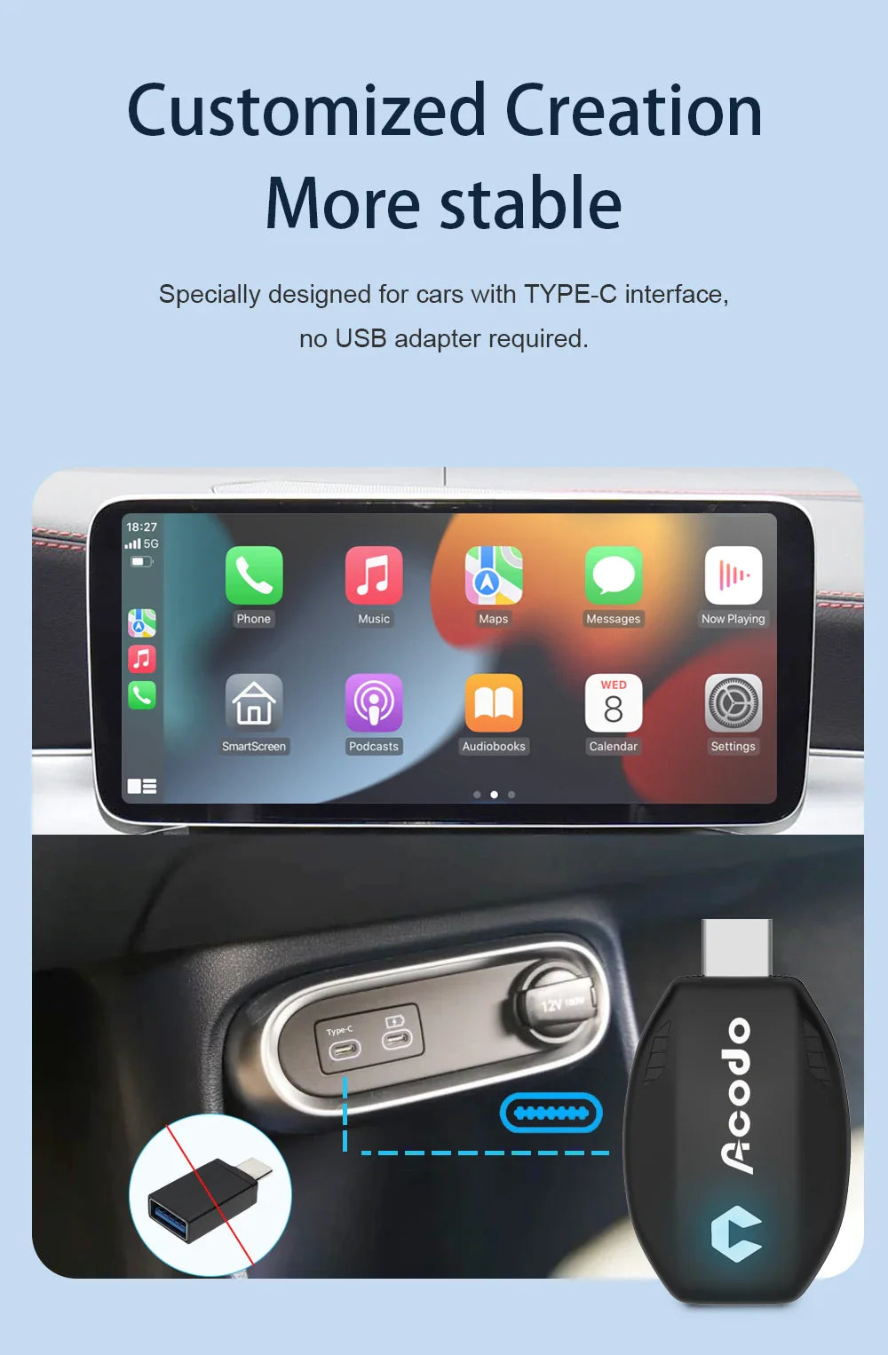 Acodo Wired to Wireless CarPlay Dongle – Android Auto Adapter, Fast WiFi, USB Type-C Plug & Play