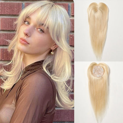 Brown Blonde Ombre Human Hair Toppers for Women – 10/12/14 Inches with Silk Base, Clips, and Bangs