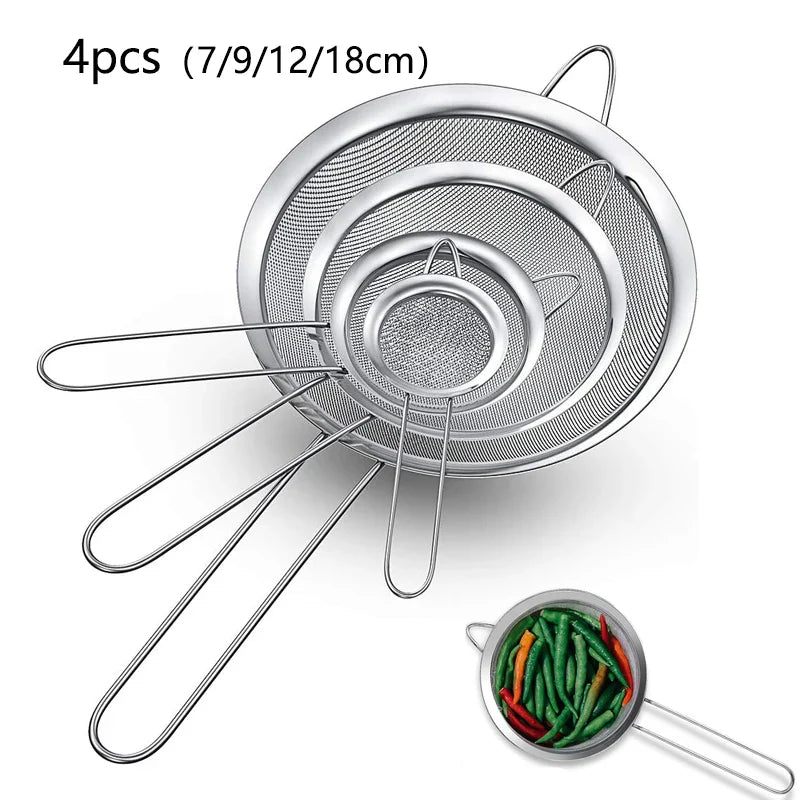 1/3/4pcs Stainless Steel Fine Mesh Strainer – Oil, Flour, and Pastry Sieve for Baking & Kitchen Use