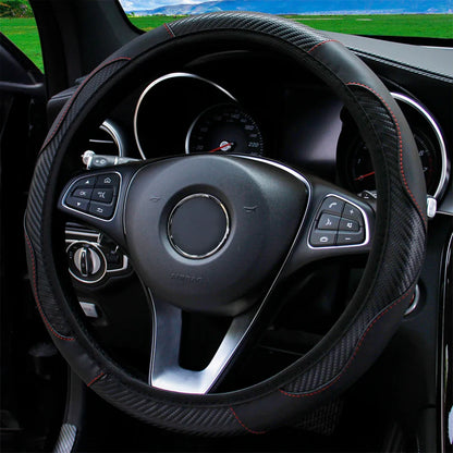 PU Carbon Fiber Leather Steering Wheel Cover — No Inner Ring, Fits 14.5-15 Inch Cars