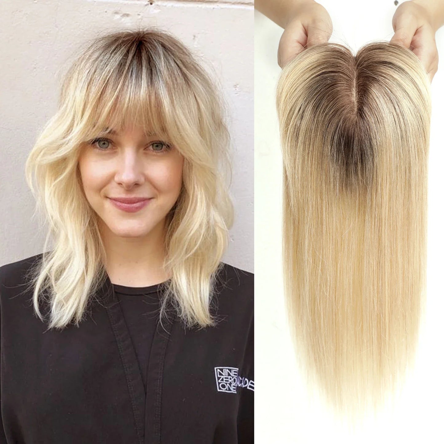 Ombre Brown Blonde Remy Human Hair Topper – 14 Inch Silk Base Clip-In Wig with Bangs for Women