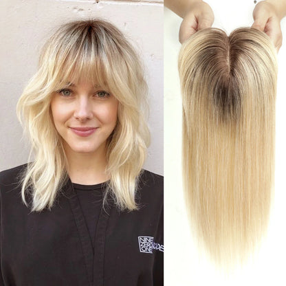 Ombre Brown Blonde Remy Human Hair Topper – 14 Inch Silk Base Clip-In Wig with Bangs for Women
