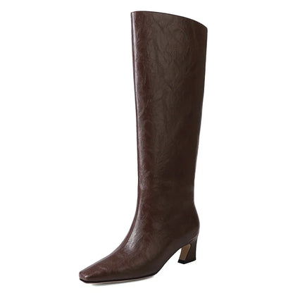 Women’s Genuine Leather Knee-High Boots – 5.5cm Thin Heel, Square Toe Slip-On Autumn Long Boots