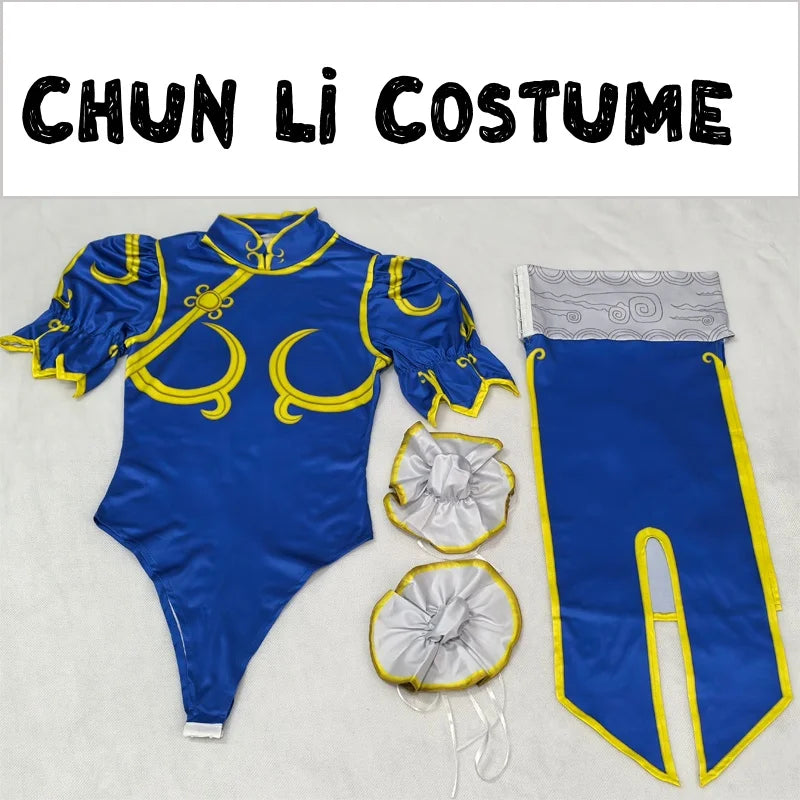 Chun-Li Cosplay Costume - Women’s Blue Cheongsam Dress with Headdress & Waistband for Halloween