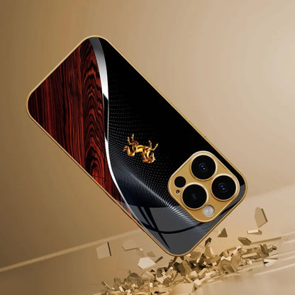 Golden Horse Pattern Metallic Phone Case - Gold Glass Protective Cover for iPhone 11-18 Pro Max, Plus, Air & 16E