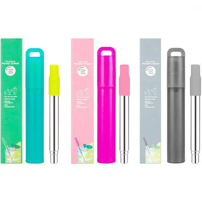 Telescopic Stainless Steel Reusable Drinking Straws - Folding Straw Set with Case and Cleaning Brush - Camping and Travel Straw