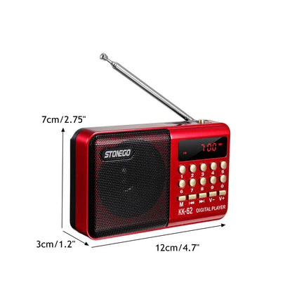 STONEGO Mini Portable Radio — Handheld Rechargeable Digital FM Radio with USB/TF MP3 Player, Speaker Device for On-the-Go Use