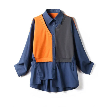 Women’s Fashion Lantern Sleeve Shirt – French Patchwork Blouse, Single-Breasted Business Casual Office Top