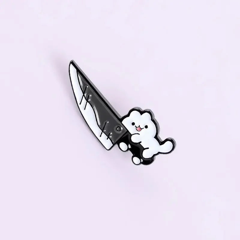 Cartoon Cat with Knife Enamel Pin – Funny Black Kitty Brooch Lapel Badge for Jacket Bag Jewelry Gift