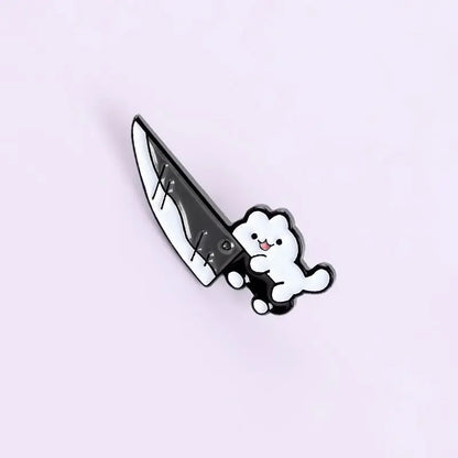 Cartoon Cat with Knife Enamel Pin – Funny Black Kitty Brooch Lapel Badge for Jacket Bag Jewelry Gift