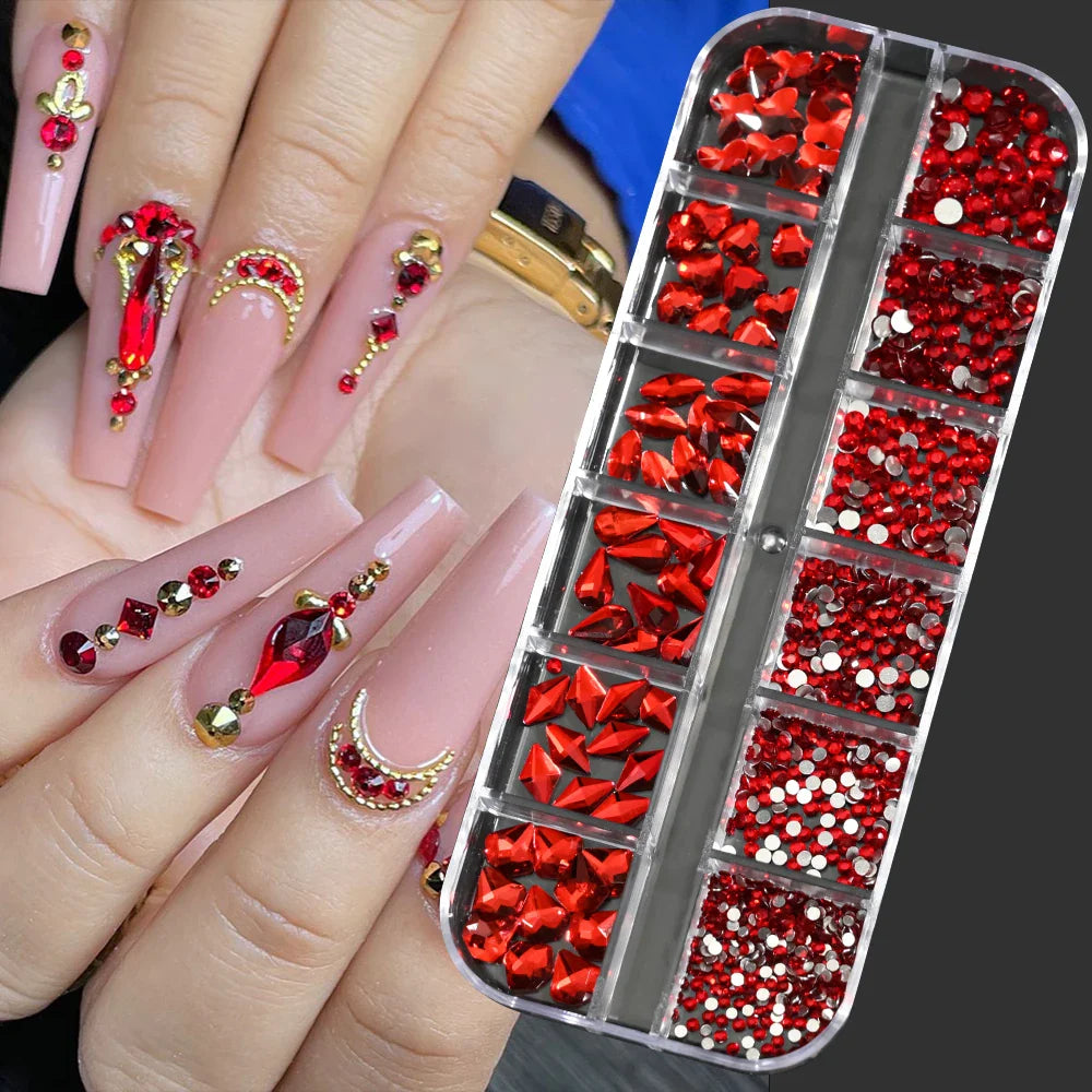 12-Grid 3D Glass AB Crystal Nail Art Rhinestones Kit – Flatback Round Beads with Tools for Nail Jewelry & Diamond Decoration