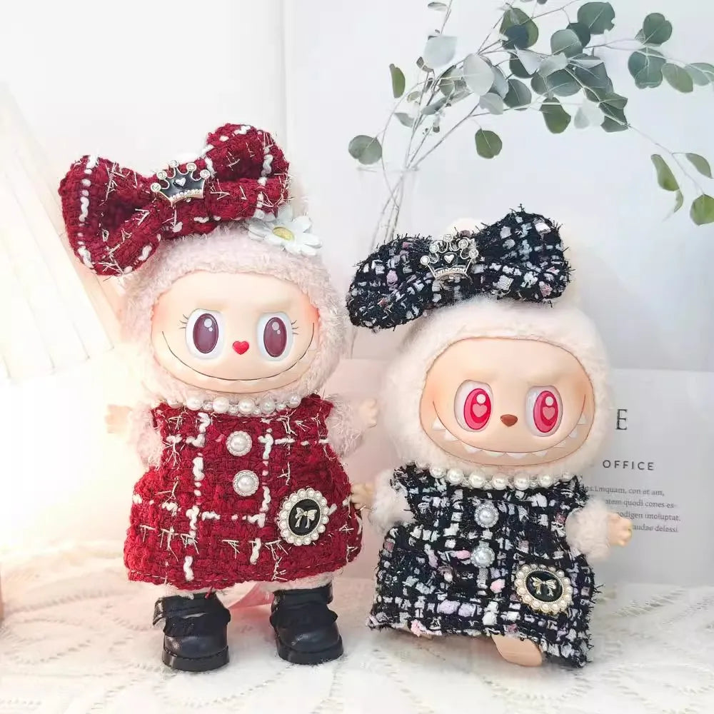 Labubu Doll Clothes Outfit — Black & White Plaid Dress Set | Mini Doll Clothing Accessories | DIY Girl Gift
