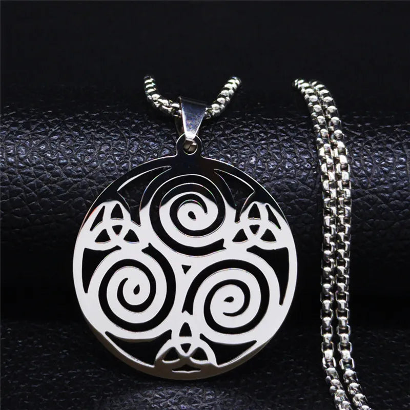 Stainless Steel Witchcraft Vortex Necklace – Viking Triskelion Celtic Knot Spiral, Silver Jewelry N7062S02