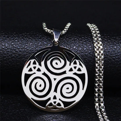 Stainless Steel Witchcraft Vortex Necklace – Viking Triskelion Celtic Knot Spiral, Silver Jewelry N7062S02