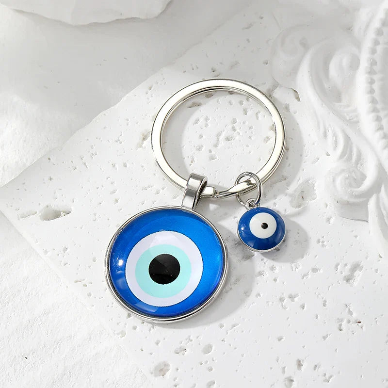 Round Flower Blue Evil Eye Hamsa Keychain – Boho Turkish Lucky Eye Fatima Hand Bag & Car Keyring for Women & Men Protective Charm Gift