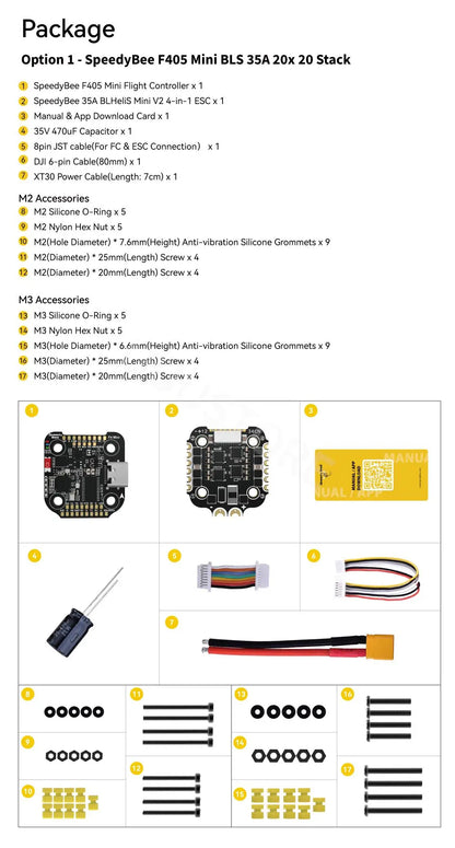 SpeedyBee F405 Mini 20x20 Stack — BLS 35A Flight Controller + BLS 35A Mini V2 4-in-1 ESC for FPV Racing Drones