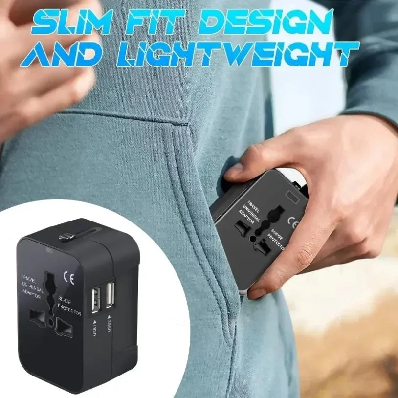 All-in-One Foldable Universal Travel Adapter – EU, UK, US, AU Power Charger with Dual USB 2.1A Ports and Outlet Converter Socket